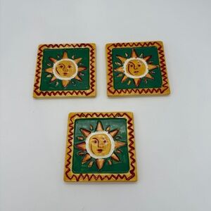 Southwestern Desert Sun Hanging Tiles Mexican Folk Art Pottery Set Of 3 Vtg.